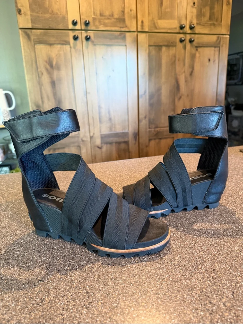 Sorel Black Strappy Elastic Ankle Wedge Sandals